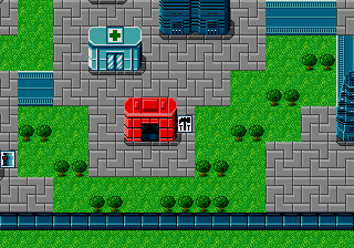 A screenshot of the area southwest of the Central Tower. The hospital can be seen to the northwest. The flower garden southeast of the hospital has been replaced with a shop. The shop has a hammer with a T on each side as its sign.